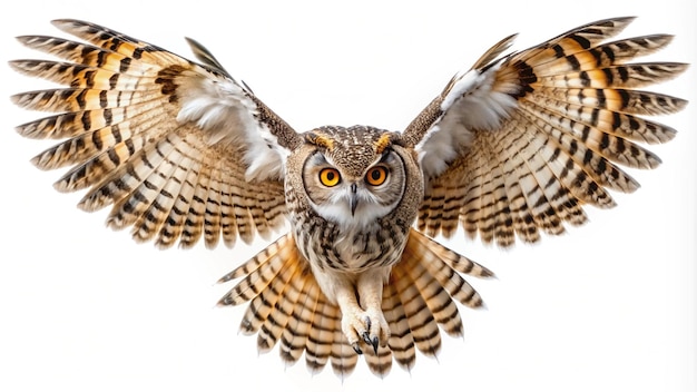 Photo a owl with yellow eyes and a white background