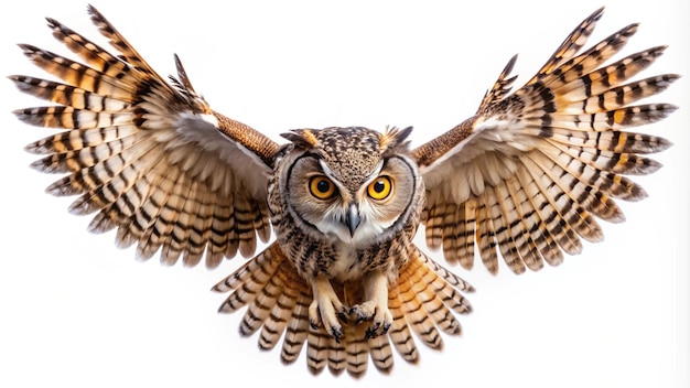 an owl with yellow eyes and a white background