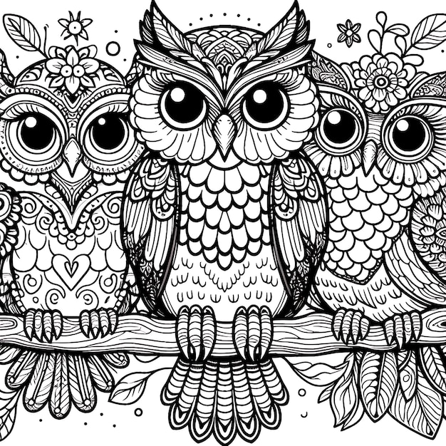 Owls coloring page black and white illustration