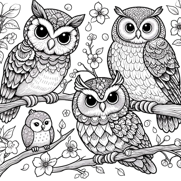 Owls coloring page black and white illustration