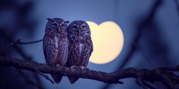 Owls Sit Close On Branch With Full Moon Forming Heart Shape Behind Them