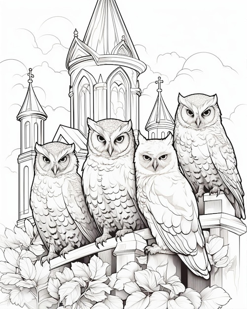 Owls Sitting in a Church Coloring Page