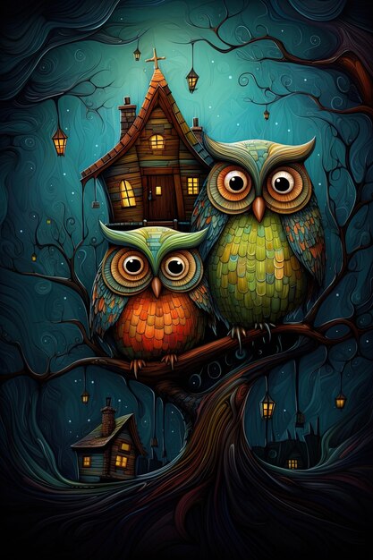 owls on a tree house on a dark night.