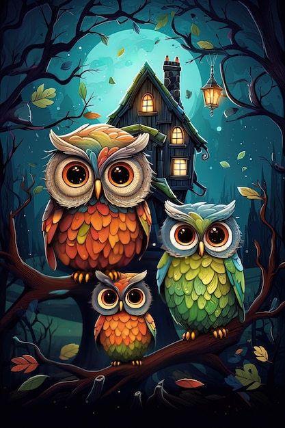 owls on a tree with a house in the background.