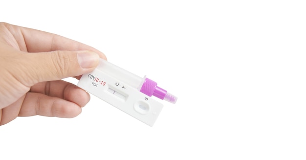 Own hand showing Covid-19 negative test result of the antigen rapid test kit on white background and copy space,Coronavirus infectious protect concept