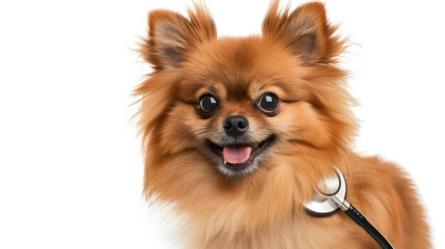 Photo owner brought her cute pomeranian dog to veterinarian appointment in clinic isolated on white