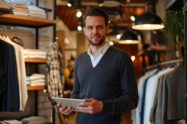 Photo owner of clothing store uses tablet for sales analysis and inventory