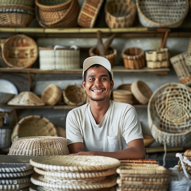 Owner a craft business while in a craft shop with handmade crafts on the shelf background