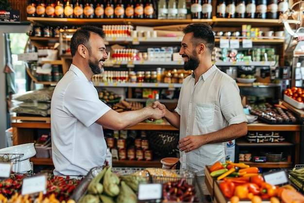 Photo owner and customer shaking hands successful deal made small shop with shelves of goods