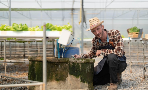 Owner of the hydroponics vegetable garden is checking the quality of the vegetables and checking or recording the growth of the vegetables in the garden Vegetables in the greenhouse