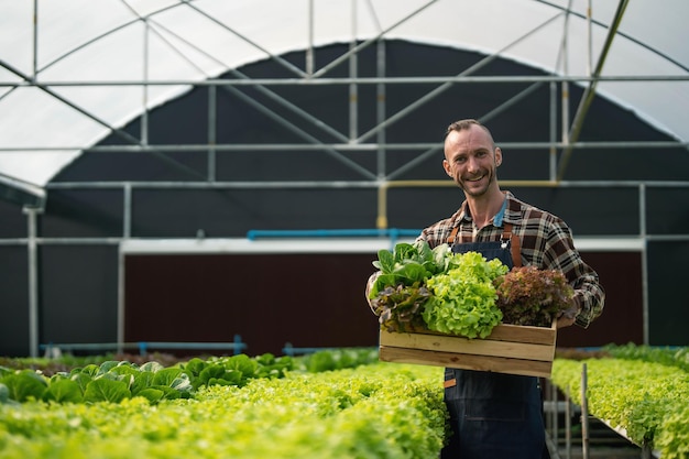 Owner of the hydroponics vegetable garden is checking the quality of the vegetables and checking or recording the growth of the vegetables in the garden Vegetables in the greenhouse