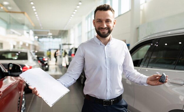 Photo the owner of a new car in a dealer showroom demonstrates documents and keys from a new car