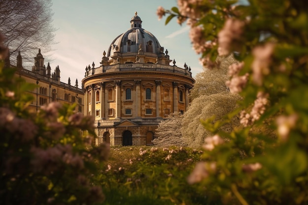 The oxford university building is seen through the trees in the spring.