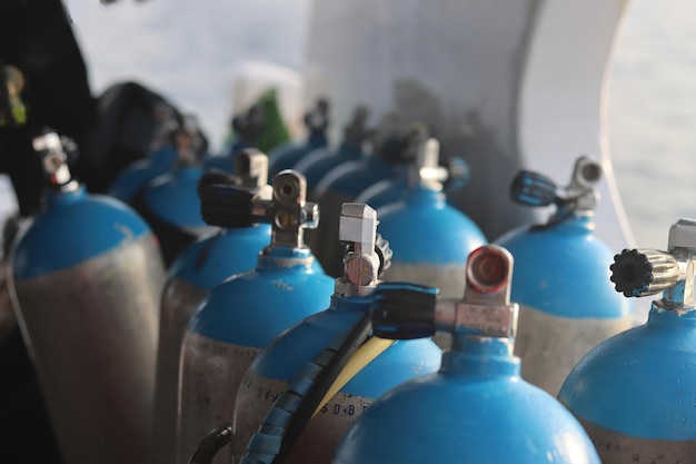 Oxygen cylinders for diving closeup Equipment for divers