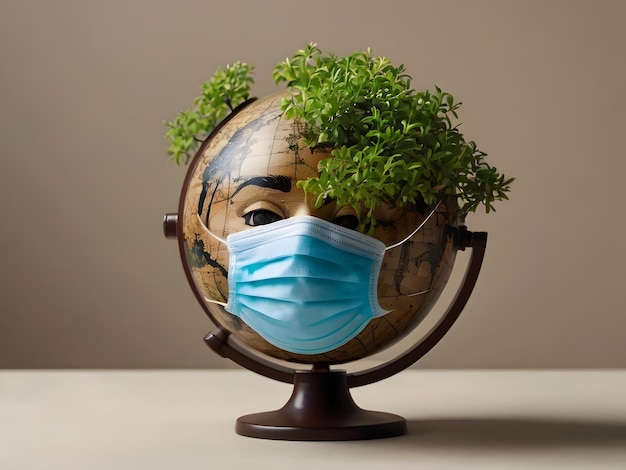 An oxygendepleted tree concept on a globe with a face mask