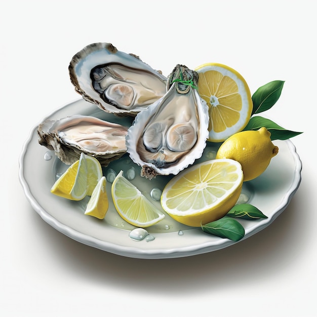 Oysters with lemon on white background isolate Generative AI