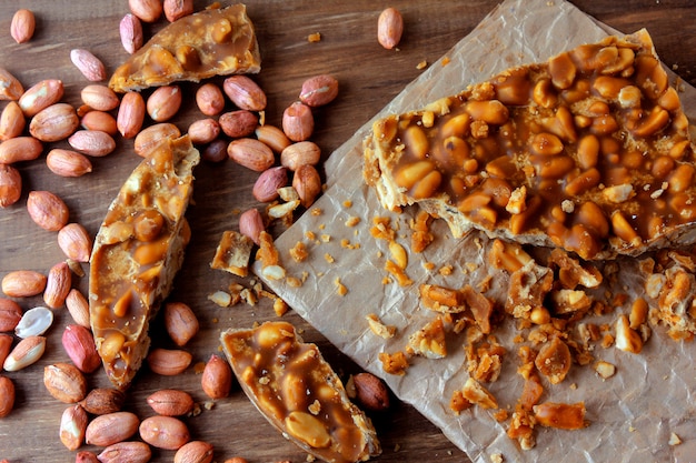 "PÃ© de Moleque" is a typical sweet of Brazilian cuisine, made with roasted peanuts and rapadura. it is called chikki in India, nougat in Portugal and palanqueta in Mexico.