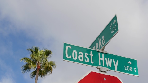 Pacific Coast Highway, historic route 101 road sign in California USA. Travel along the ocean.