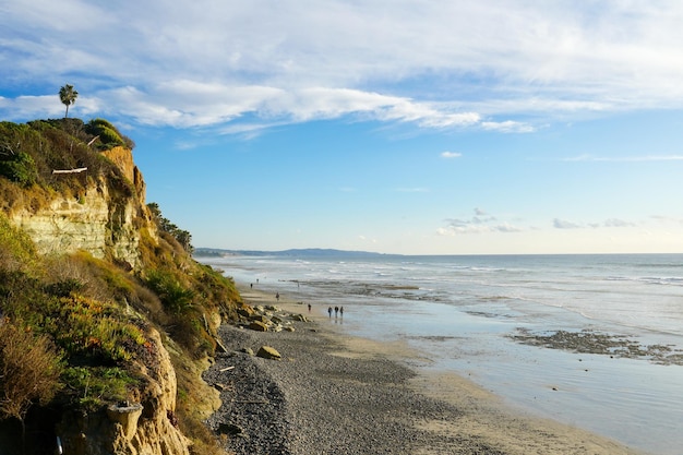 Pacific coastline with yellow sandstone cliff San Diego