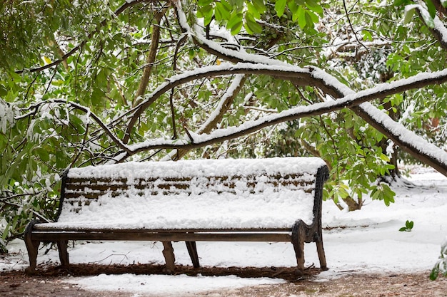 Pack bench under snow as the snow continues to fall for a wintery scene