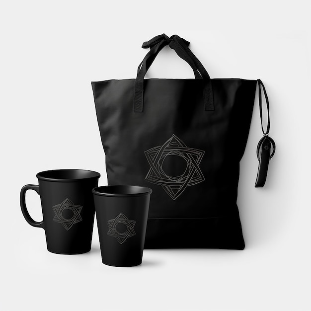 Pack of black tshirt tote bag and mug on transparent background