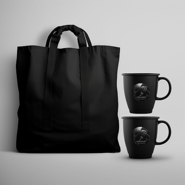 Pack of black tshirt tote bag and mug on transparent background