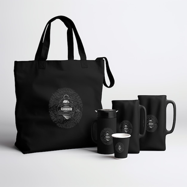 Pack of black tshirt tote bag and mug on transparent background