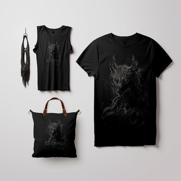 Pack of black tshirt tote bag and mug on transparent background