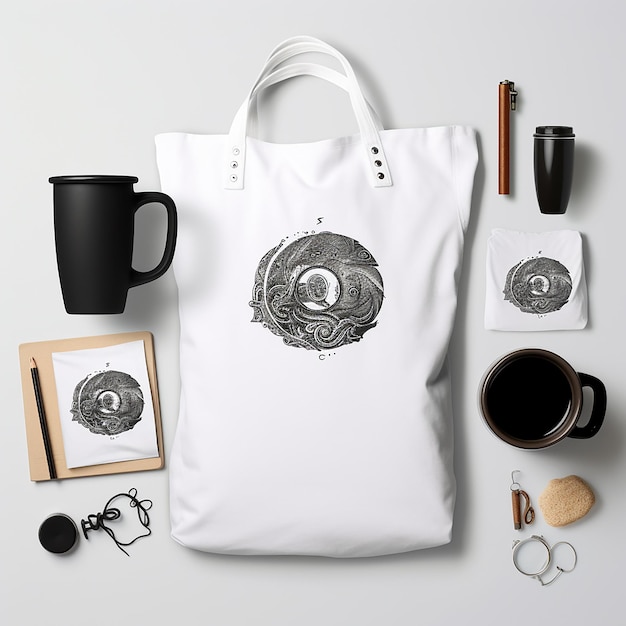 Pack of black tshirt tote bag and mug on transparent background