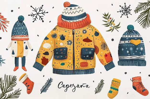 Pack of drawn cozy winter clothes and essentials