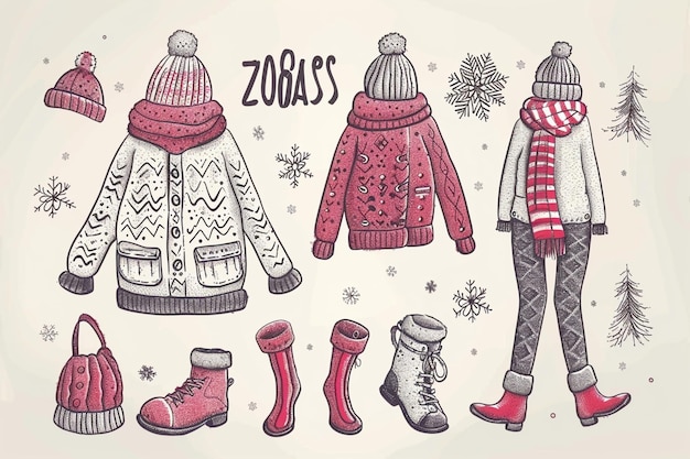 Pack of drawn cozy winter clothes and essentials