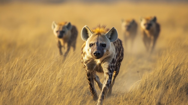 Photo a pack of hyenas running through tall grass in a natural setting