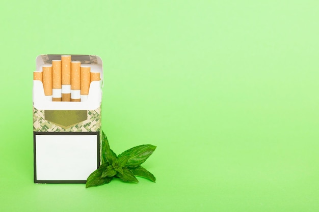 Pack of menthol cigarettes and fresh mint on colored table Menthol cigarettes top view flat lay