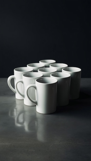 Pack of white mugs over dark surface