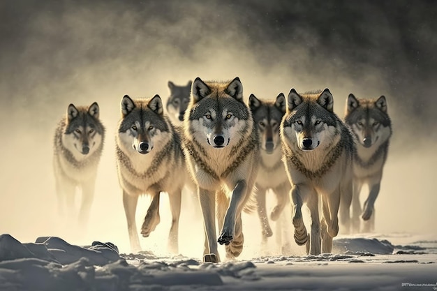 Pack of wolves following the trail of a prey Created with generative AI technology