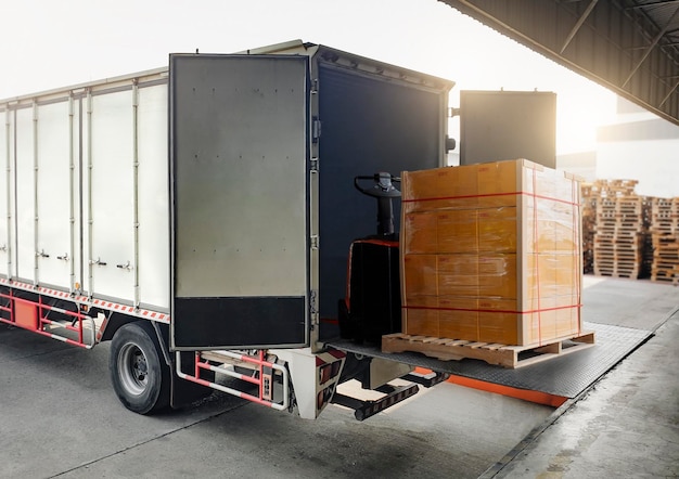 Package Boxes Loading into Shipping Cargo Container Warrehouse Shipping Logistics Freight Trucks