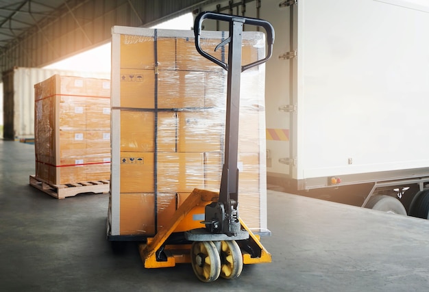 Package Boxes Loading with Cargo Container at Dock Warehouse Logitics Truck Transport