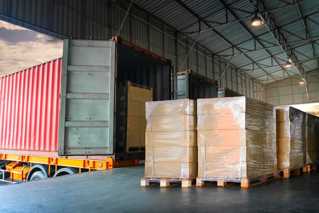 Package Boxes Wrapped Plastic on Pallets Loading into Cargo Container Freight Truck Logistics