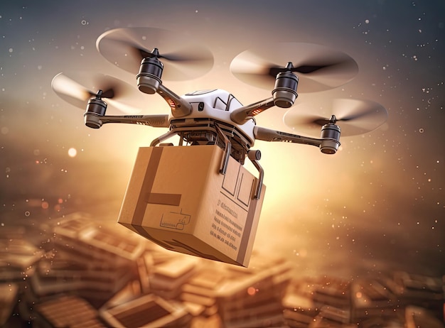 Package cardboard box drones fly above skybusiness concept and air transportation industry through rapid deliveryUnmanned aircraft robot to homeand controlled by remote artificial intelligence