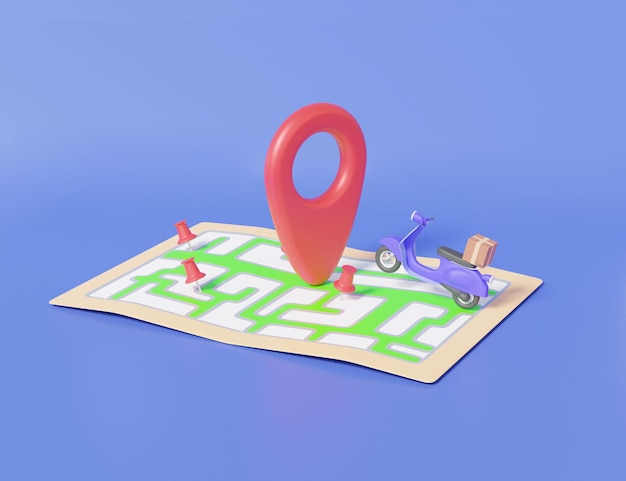 Package via motorcycle scooter delivery and parcels box with logistics transportation service concept isometric navigation pin pointer mark location on purple background minimal cartoon 3d render