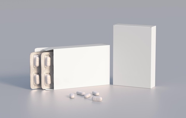 Package with two blisters with medicines pills Mockup template 3d rendering