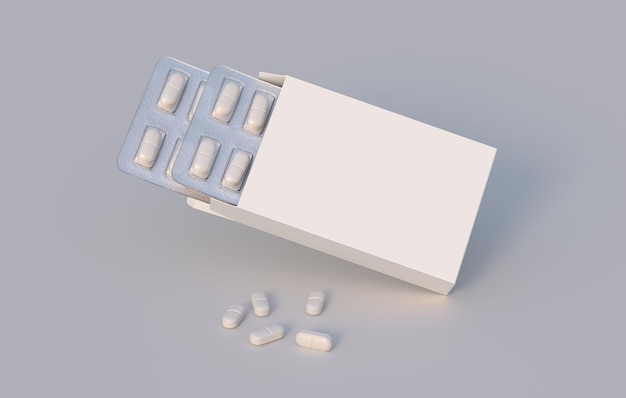 Package with two blisters with medicines pills Mockup template 3d rendering