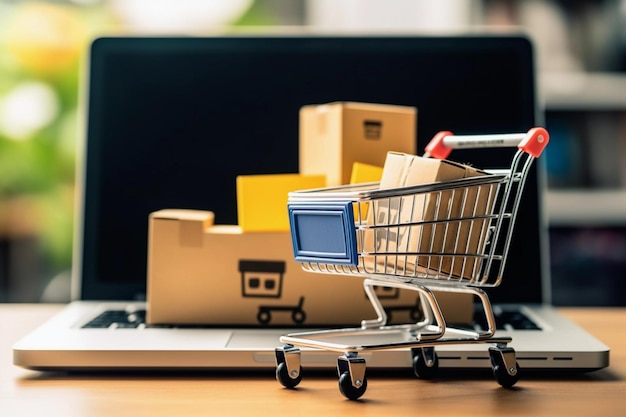 Packages and boxes online shopping in a cart next to a laptop with blurry background