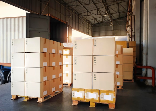 Packaging Boxes on Pallets Loading into Shipping Cargo Container Delivery Trucks Freight Logistics