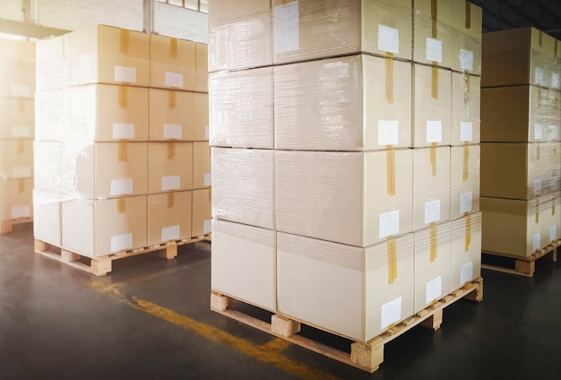 Packaging Boxes Stacked on Pallets in Storage Warehouse Cardboard Boxes Supply Chain Storehouse