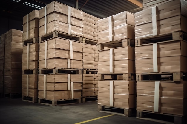 Packaging Boxes Stacked on Pallets in Storage Warehouse Cartons Cardboard Boxes Supply Chain Store