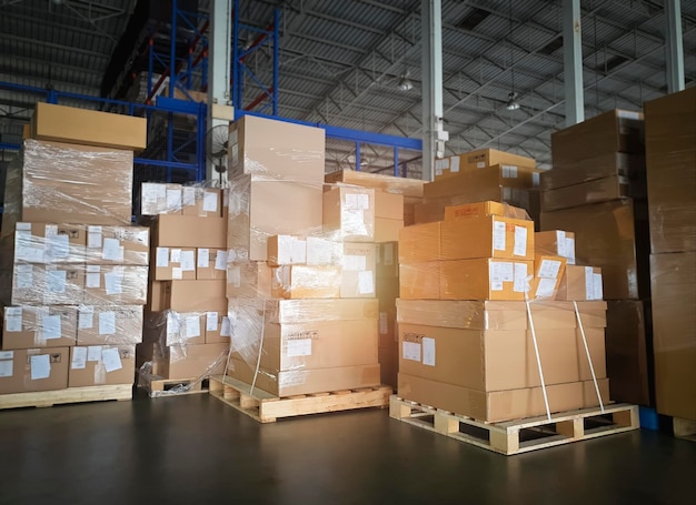 Packaging Boxes Stacked on Pallets in Storage Warehouse Supply Chain Storehouse Shipping Warehouse