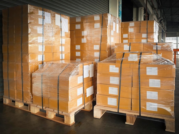 Packaging Boxes Stacked on Pallets in Storage Warehouse Supply Chain Storehouse Shipping Warehouse