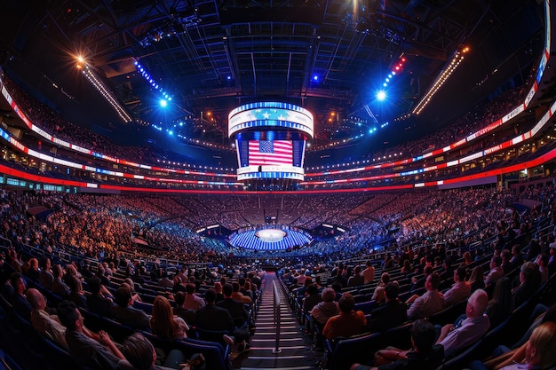 A Packed Arena with an American Flag on a Jumbotron