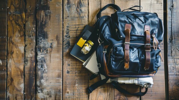 Photo a packed leather backpack on a wooden floor accompanied by a few small essentials evokes a sense of adventure and readiness for travel